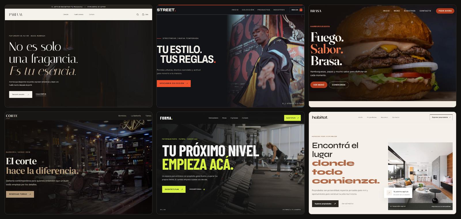 Muestra de páginas web de NØVA para gastronomía, moda, perfumería, gimnasio, peluquería y decoración